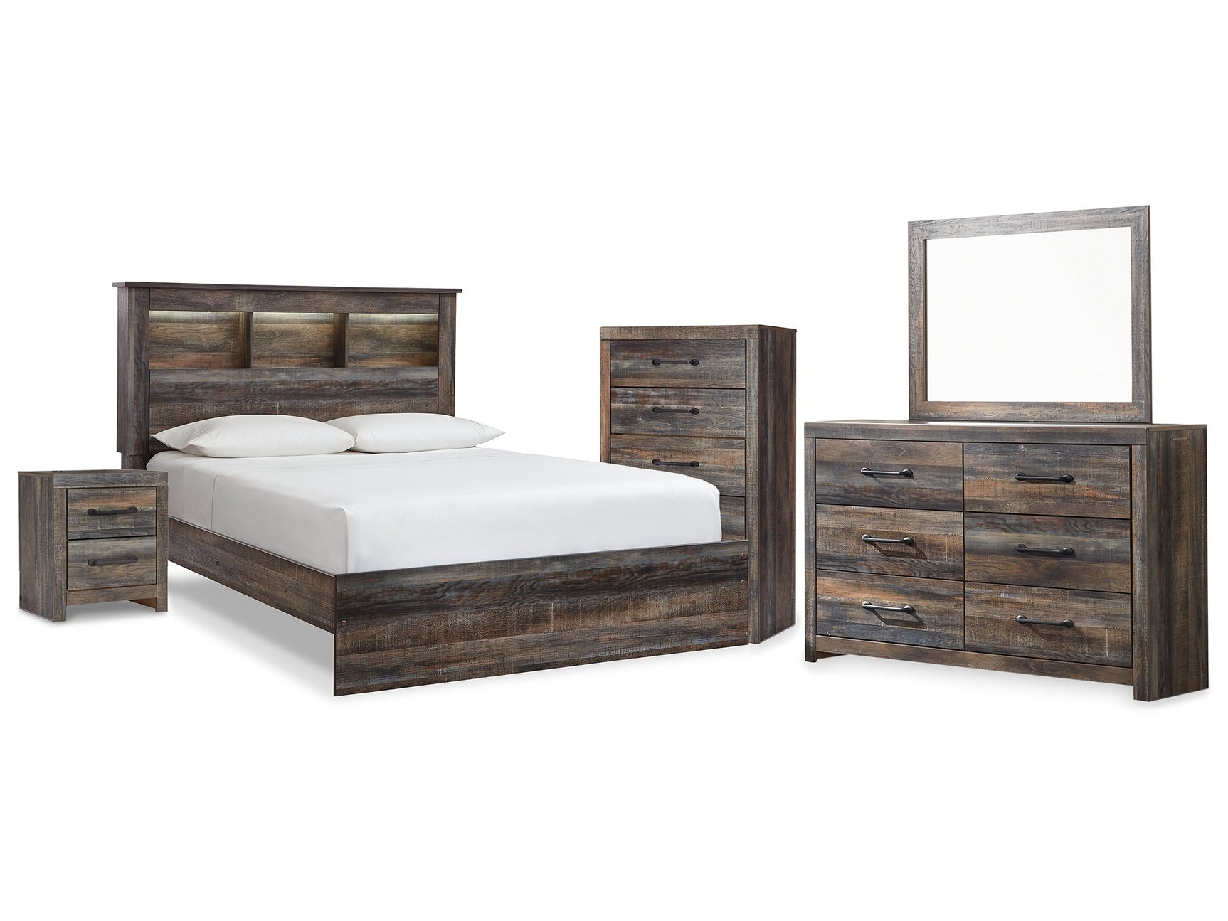 Drystan Multi Queen Bookcase Panel Bedroom Set with Dresser, Mirror Chest and Nightstand - Ornate Home