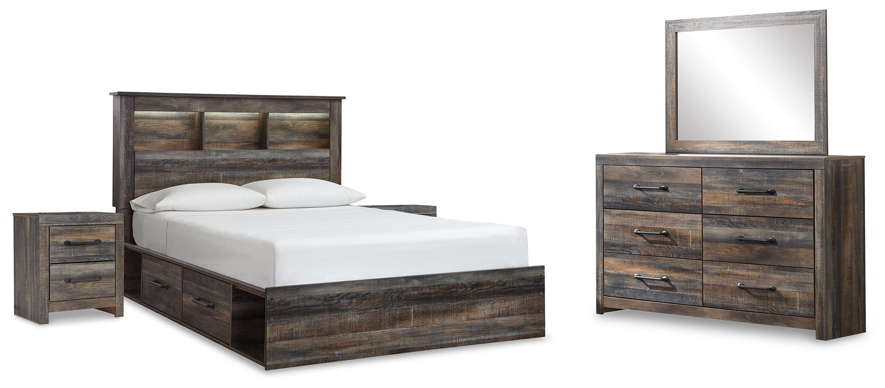 Drystan Queen Bookcase Storage Bedroom Set with Dresser, Mirror and 2 Nightstands - Ornate Home