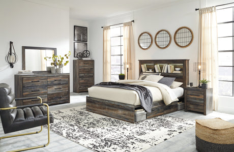 Drystan Queen Bookcase Storage Bedroom Set with Dresser, Mirror and 2 Nightstands - Ornate Home