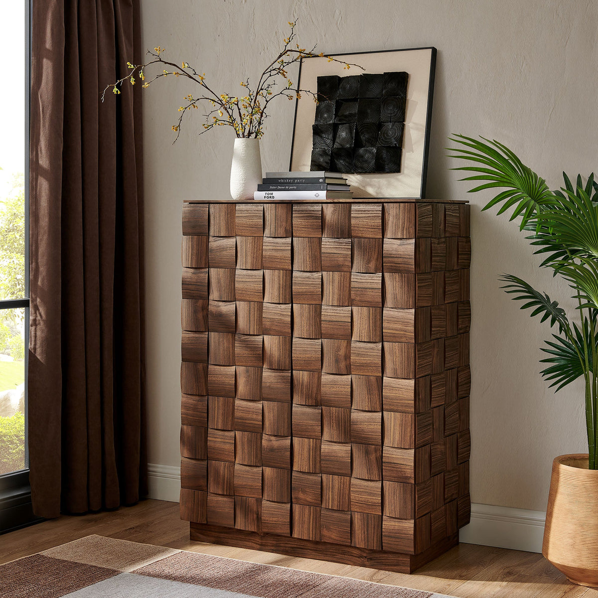 Duskin Walnut 39 Inch Geometric Block Design Tall Storage Cabinet - Ornate Home