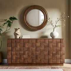 Duskin Walnut 68 Inch Geometric Block Design Four Door Sideboard - Ornate Home