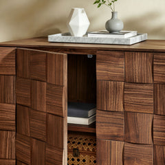 Duskin Walnut 68 Inch Geometric Block Design Four Door Sideboard - Ornate Home
