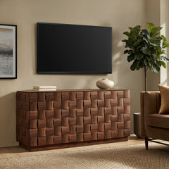 Duskin Walnut 68 Inch Geometric Block Design Four Door Sideboard - Ornate Home