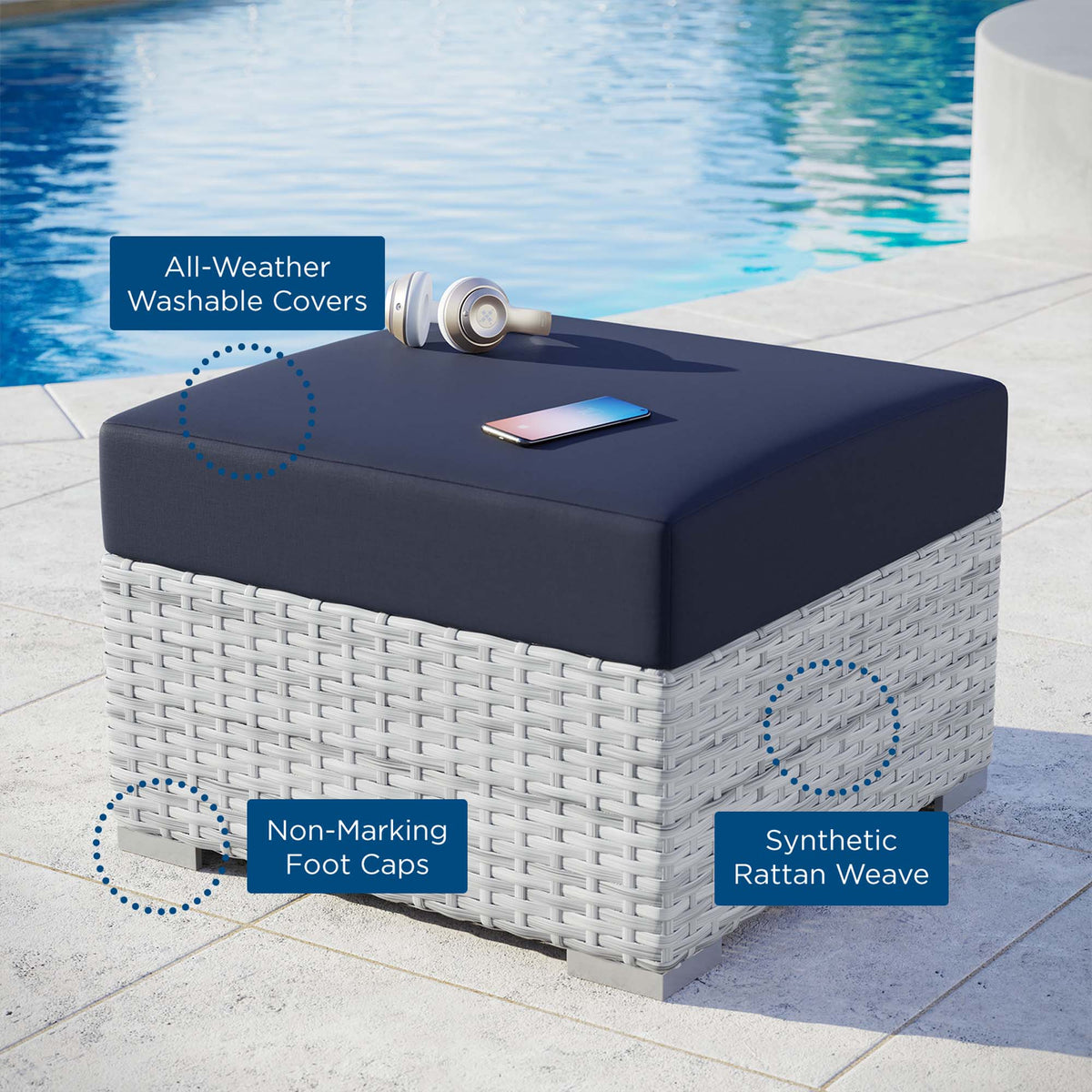 Convene Light Gray/Navy Outdoor Patio Ottoman - Ornate Home