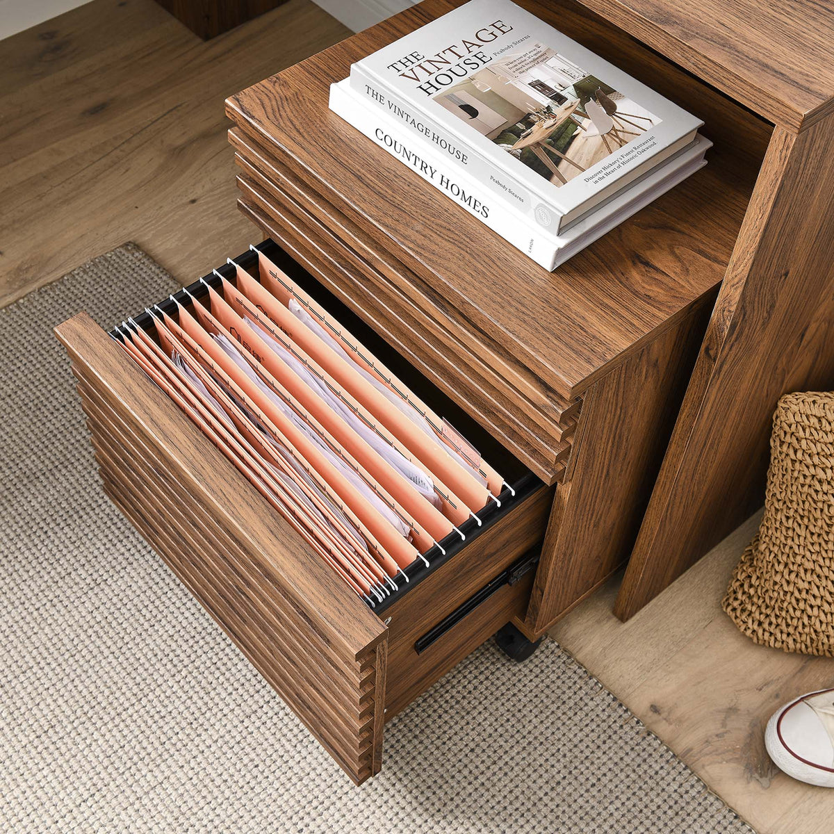Render Walnut Wood Desk and File Cabinet Set