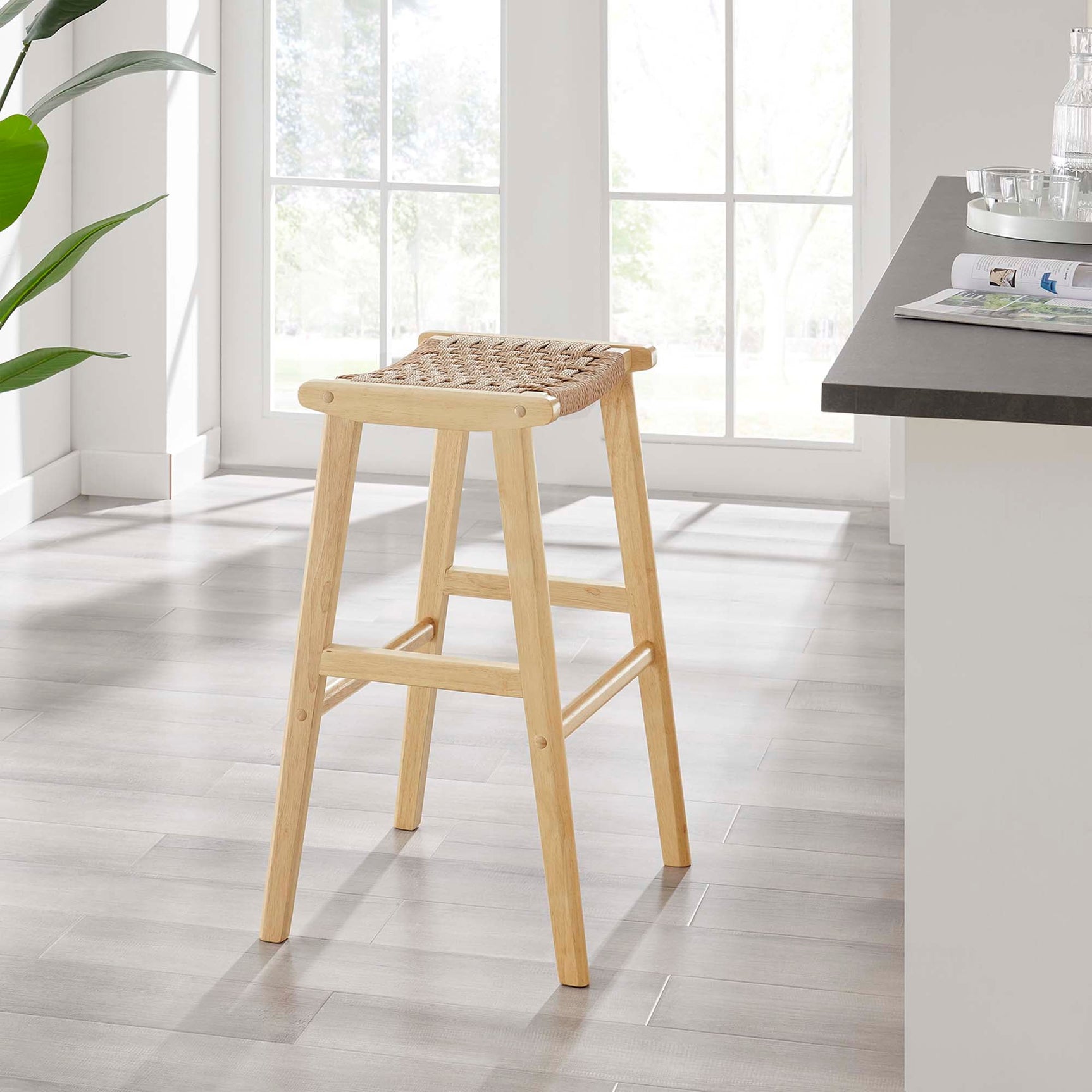 Saoirse Natural Woven Rope Wood Bar Stool (Set of 2)
