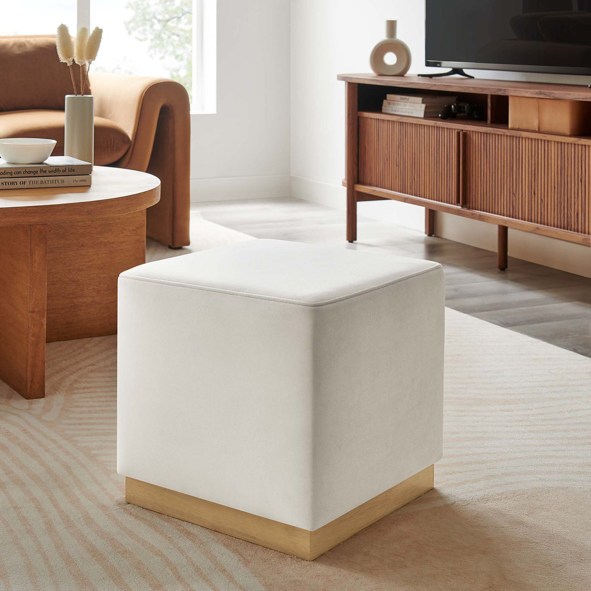 Tilden Alabaster/Natural 17" Square Performance Velvet Upholstered Ottoman