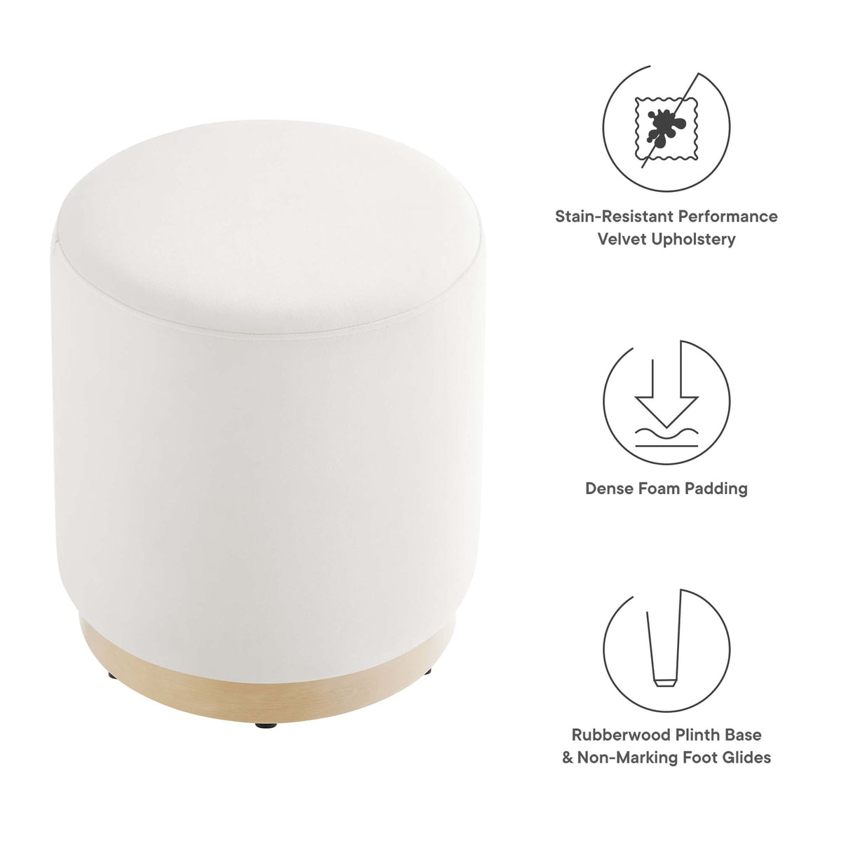 Tilden Alabaster/Natural 16" Round Performance Velvet Upholstered Ottoman