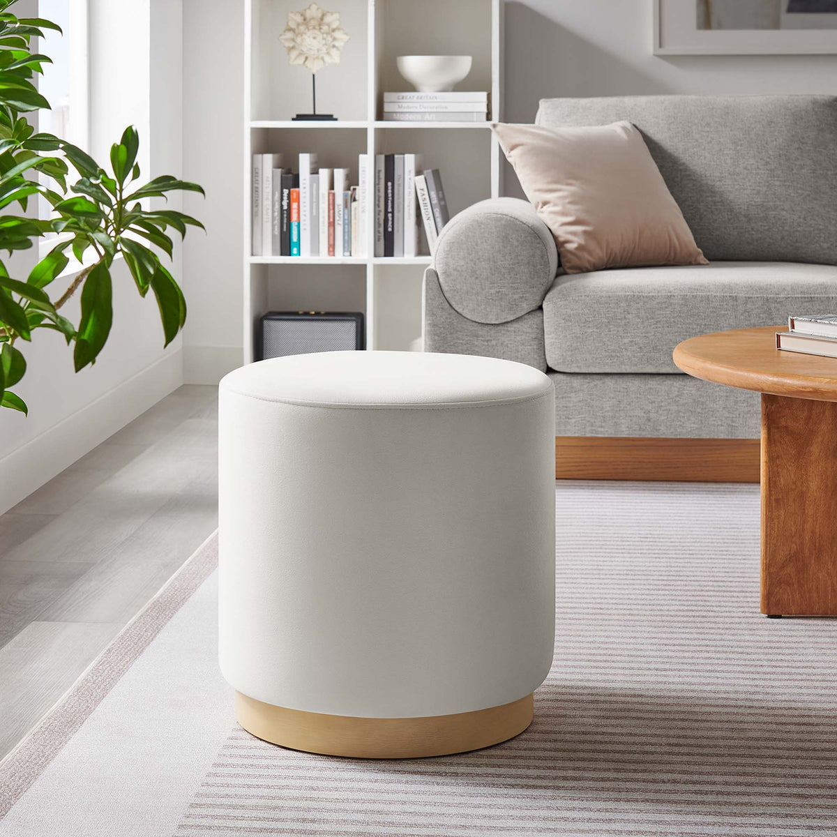 Tilden Alabaster/Natural 16" Round Performance Velvet Upholstered Ottoman