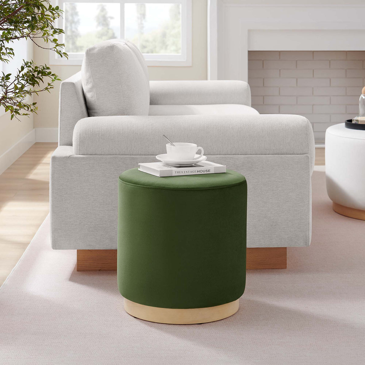 Tilden Moss Green/Natural 16" Round Performance Velvet Upholstered Ottoman