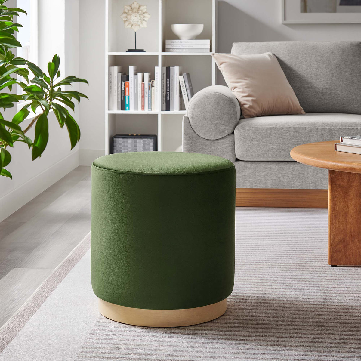 Tilden Moss Green/Natural 16" Round Performance Velvet Upholstered Ottoman