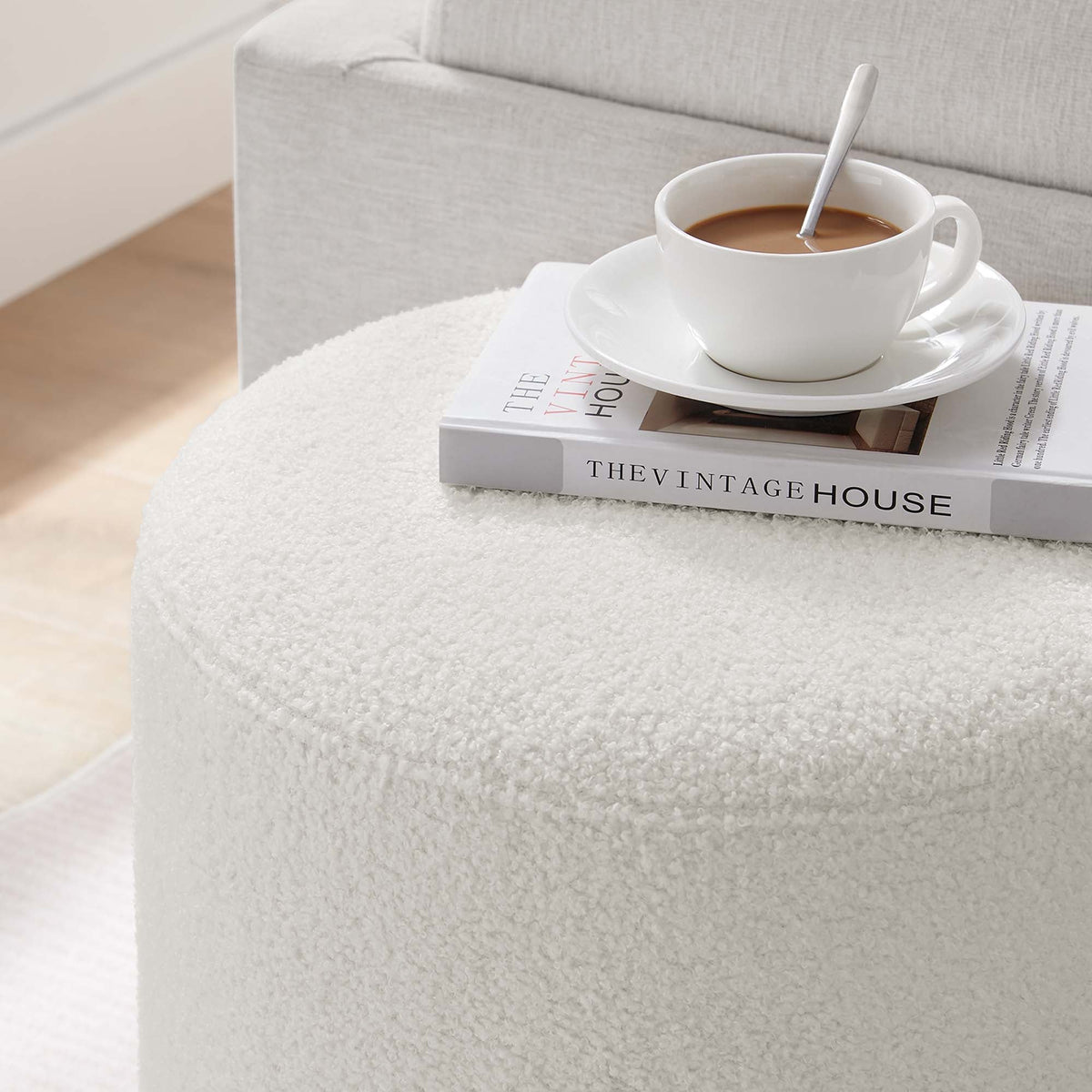 Tilden Ivory/Natural 16" Round Sherpa Upholstered Ottoman