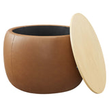 Perla Tan Round Vegan Leather Storage Ottoman