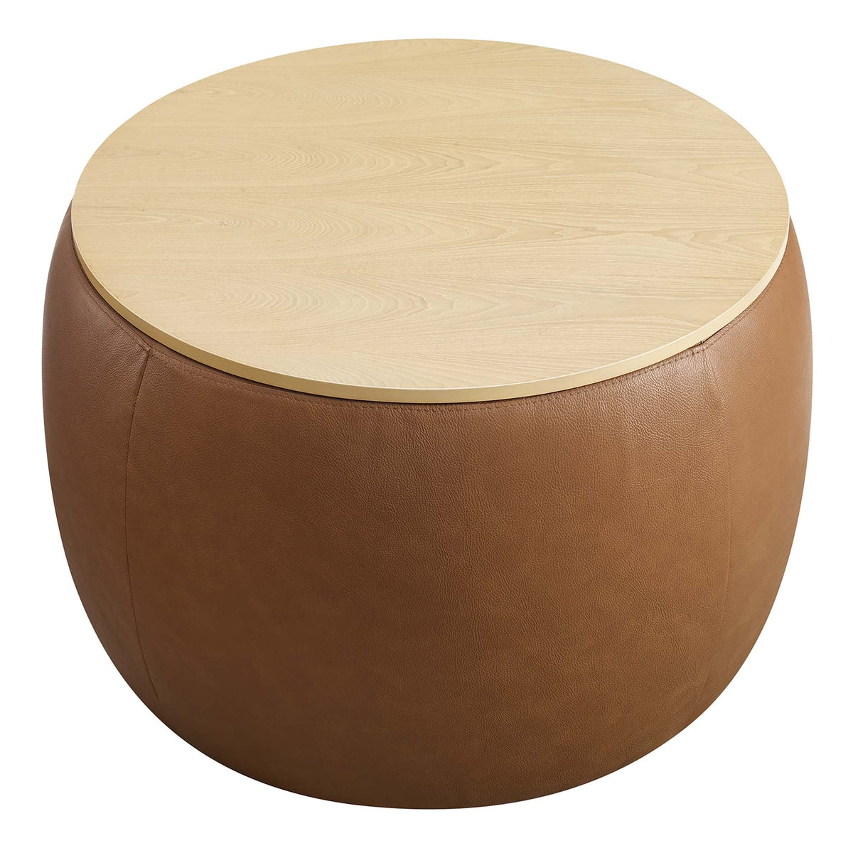 Perla Tan Round Vegan Leather Storage Ottoman