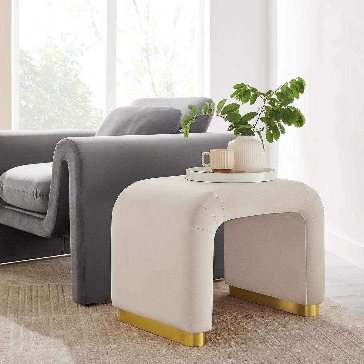 Koda Brass/Almond Performance Velvet Waterfall Stool