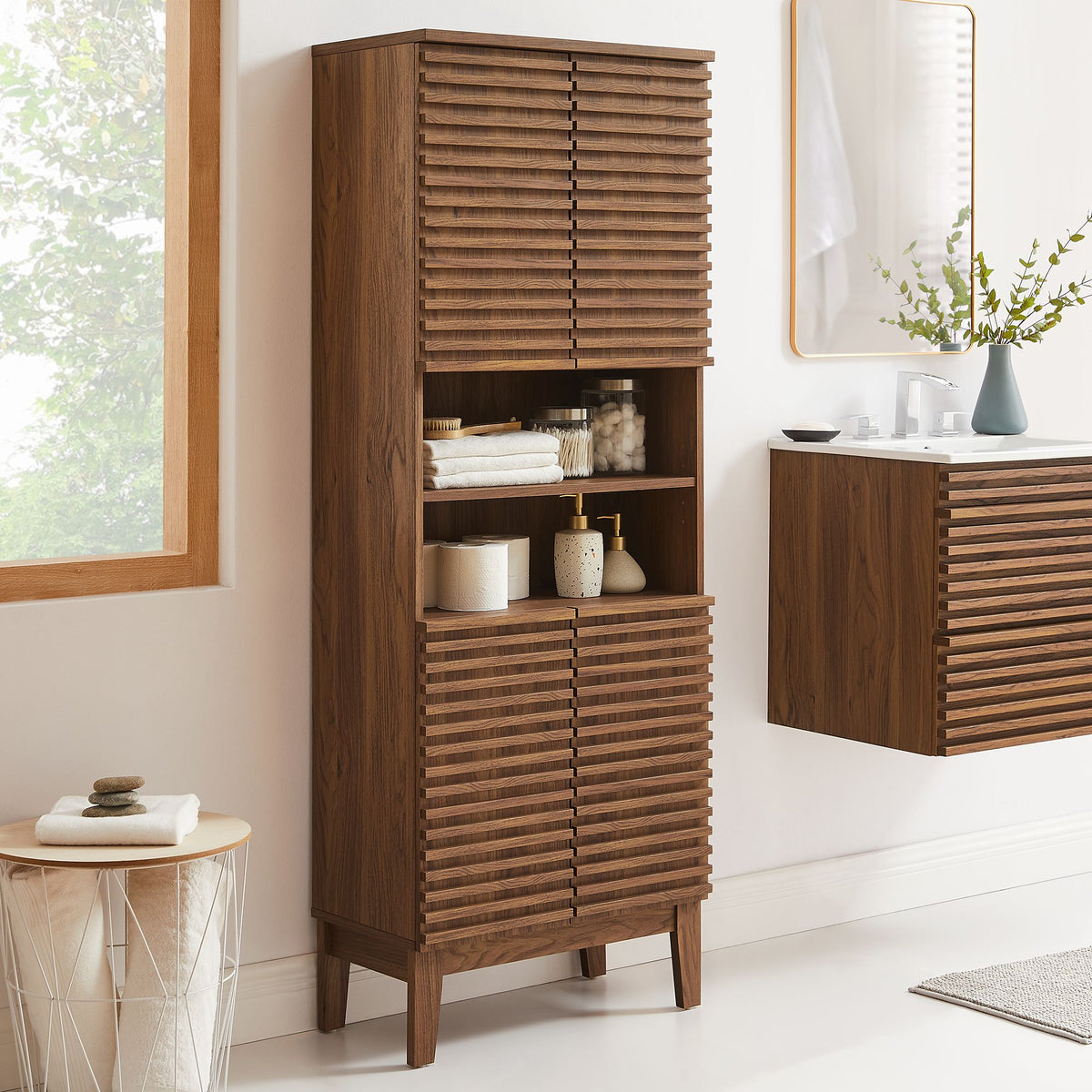 Render Walnut Tall Bathroom Storage Cabinet
