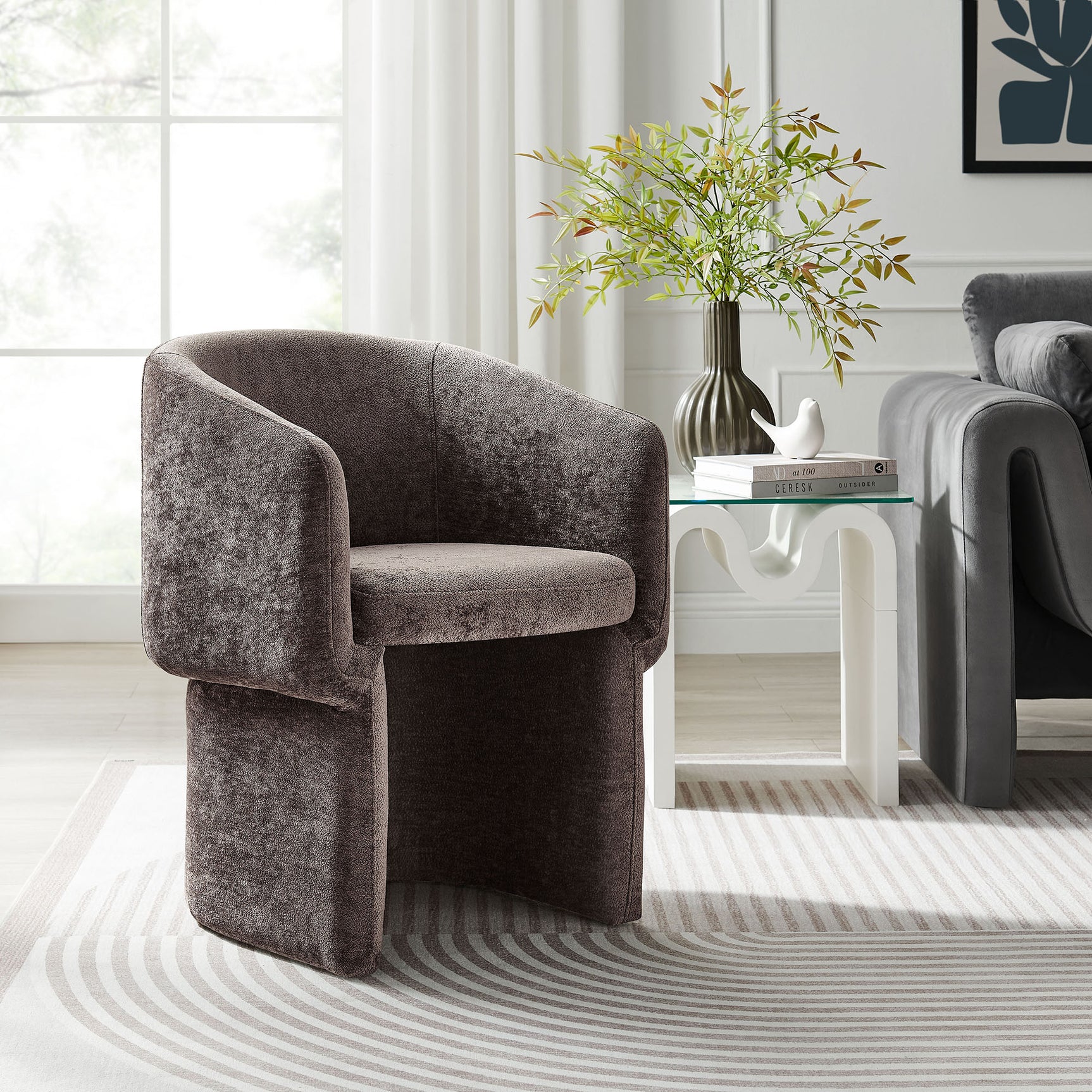 Verity Chocolate Brown Barrel Back Chenille Dining Armchair