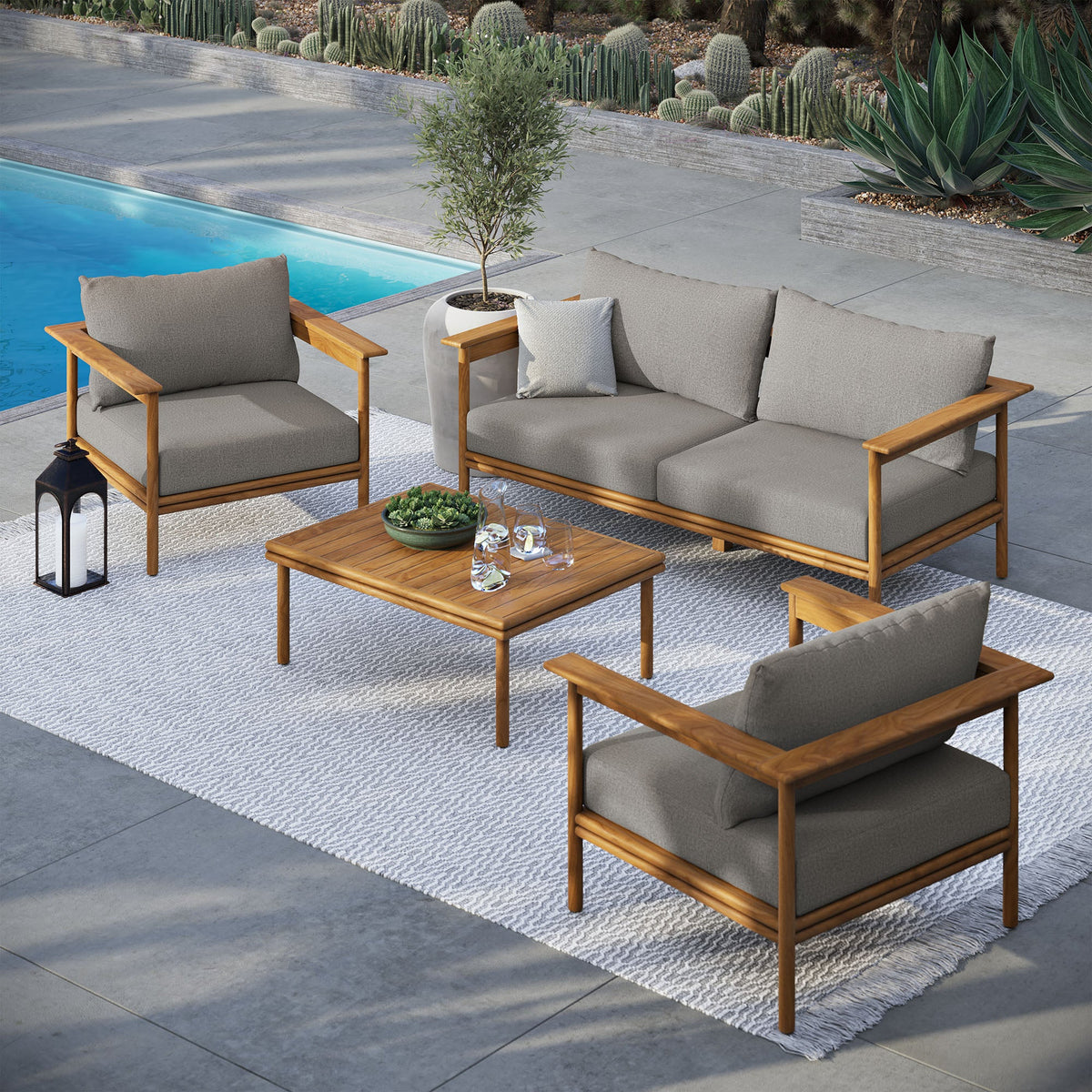 Wren Natural Driftwood 4-Piece Outdoor Patio Teak Wood Furniture Set