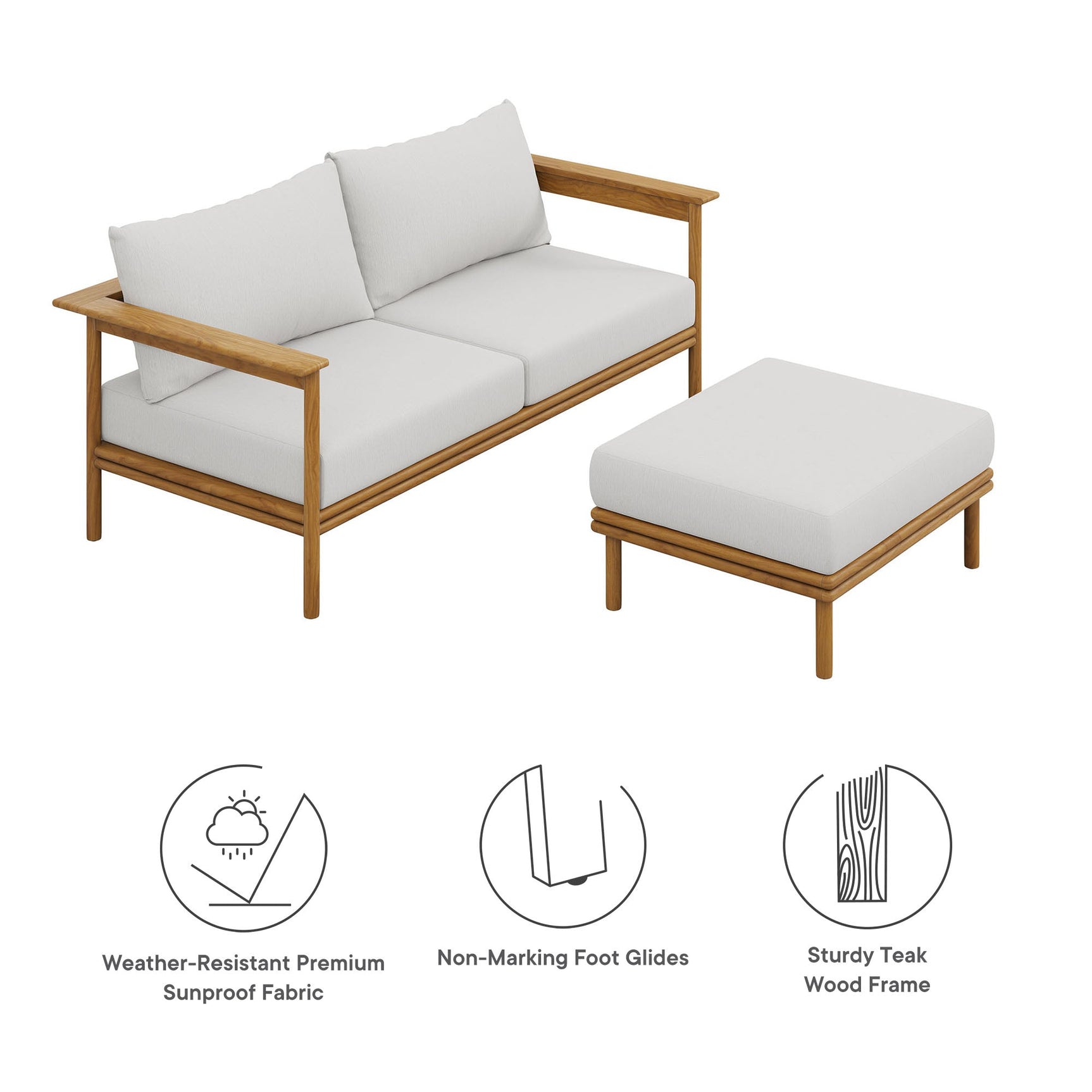 Wren Natural Sail 2-Piece Outdoor Patio Teak Wood Sofa and Ottoman Set