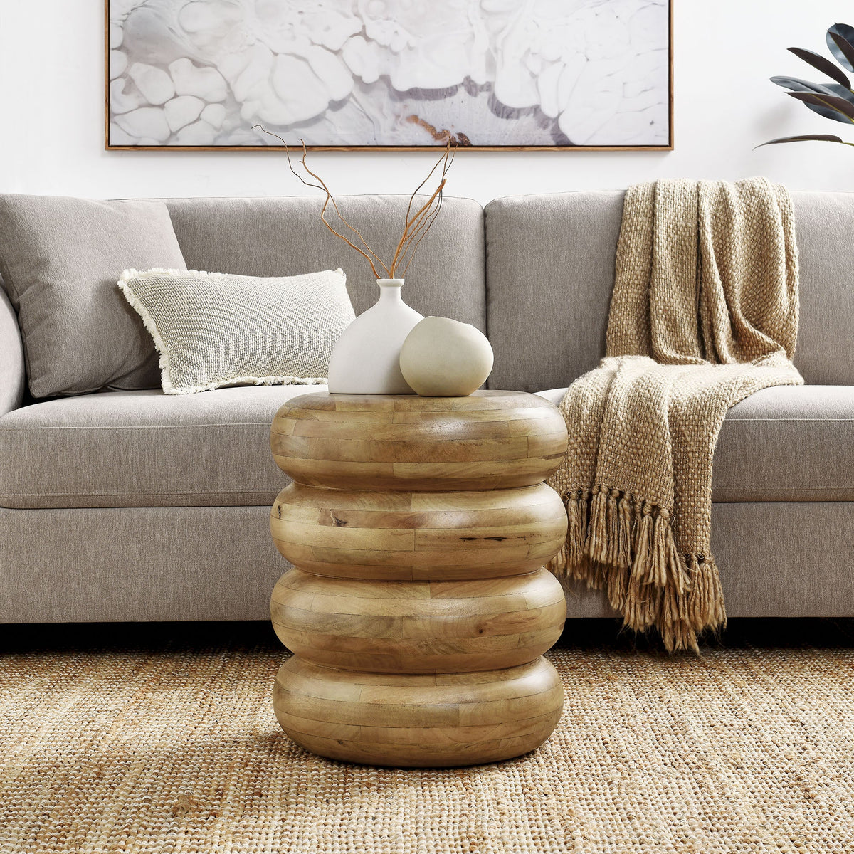 Ellery Natural Round Stacked Wood Side Table