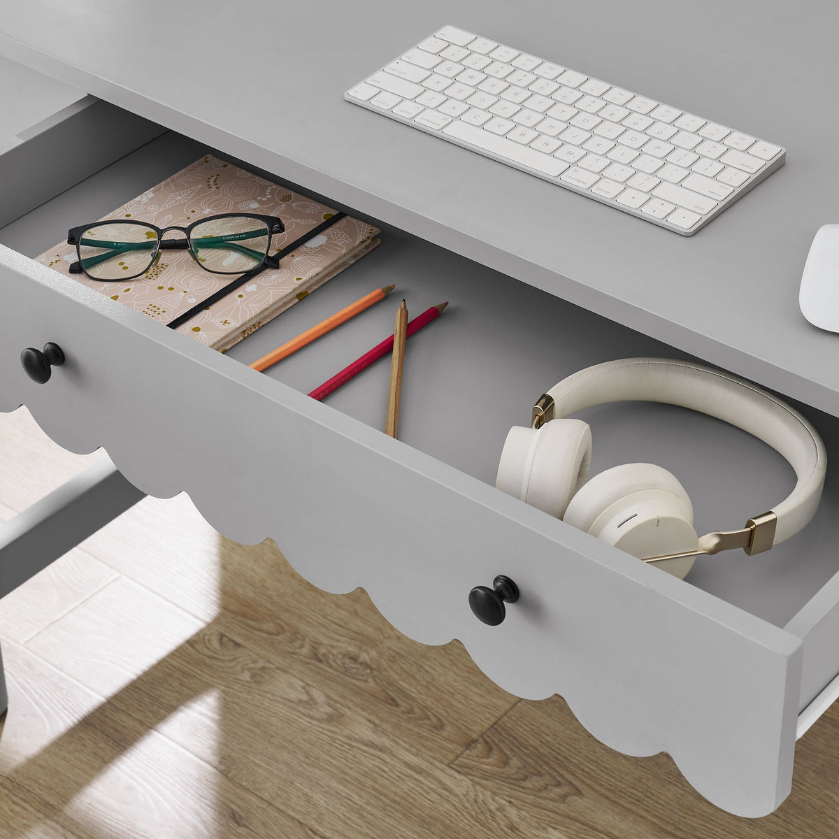 Emmeline Light Gray 1-Drawer Scallop Writing Desk