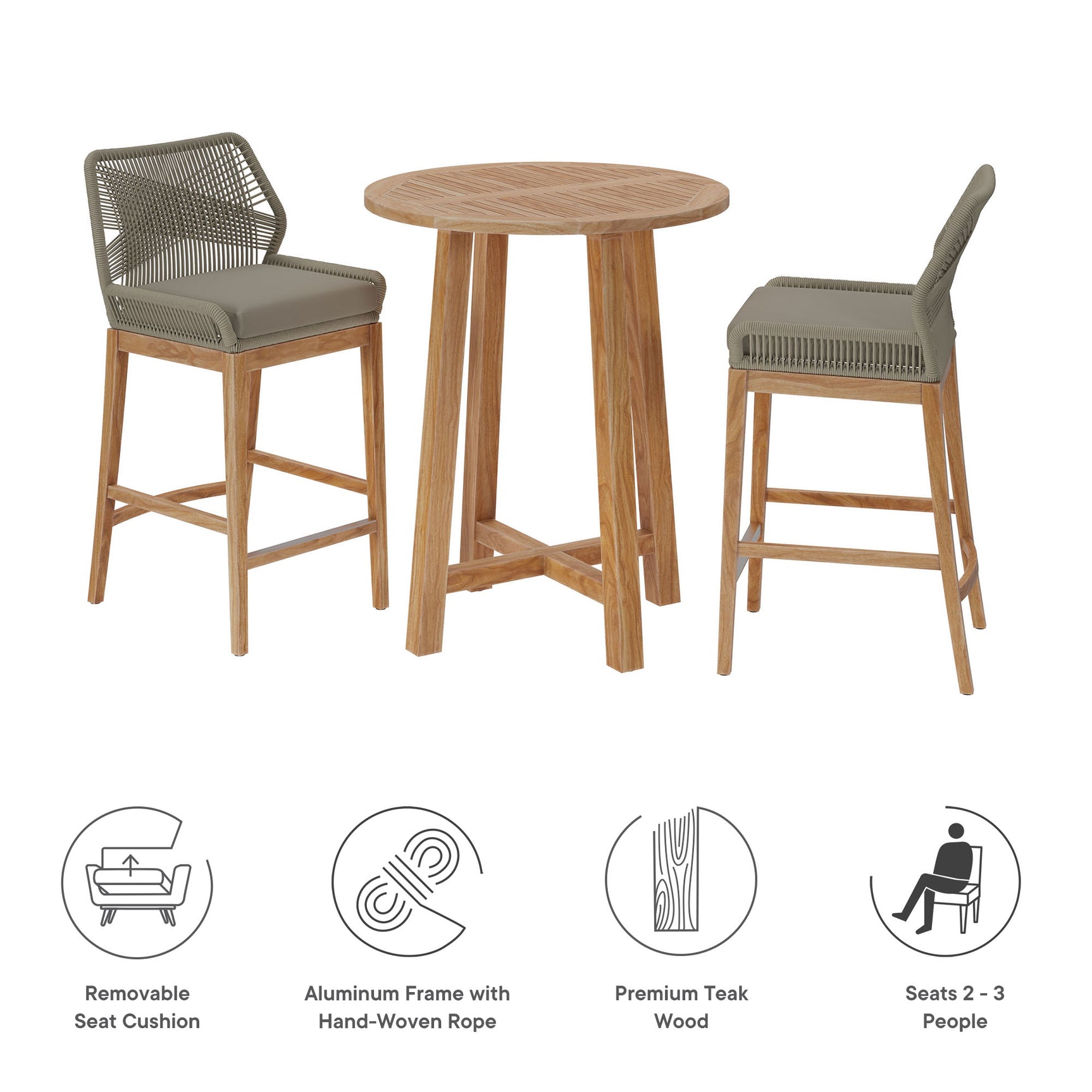 Wellspring Light Gray Greige 3-Piece Outdoor Patio Teak Wood Bar Set