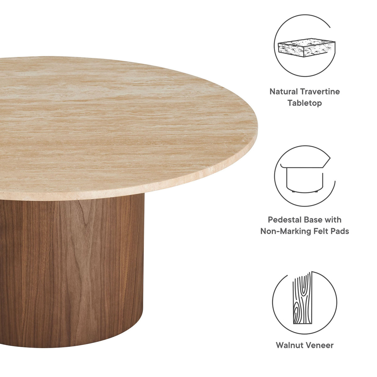 Kioni Walnut Round Travertine Coffee Table
