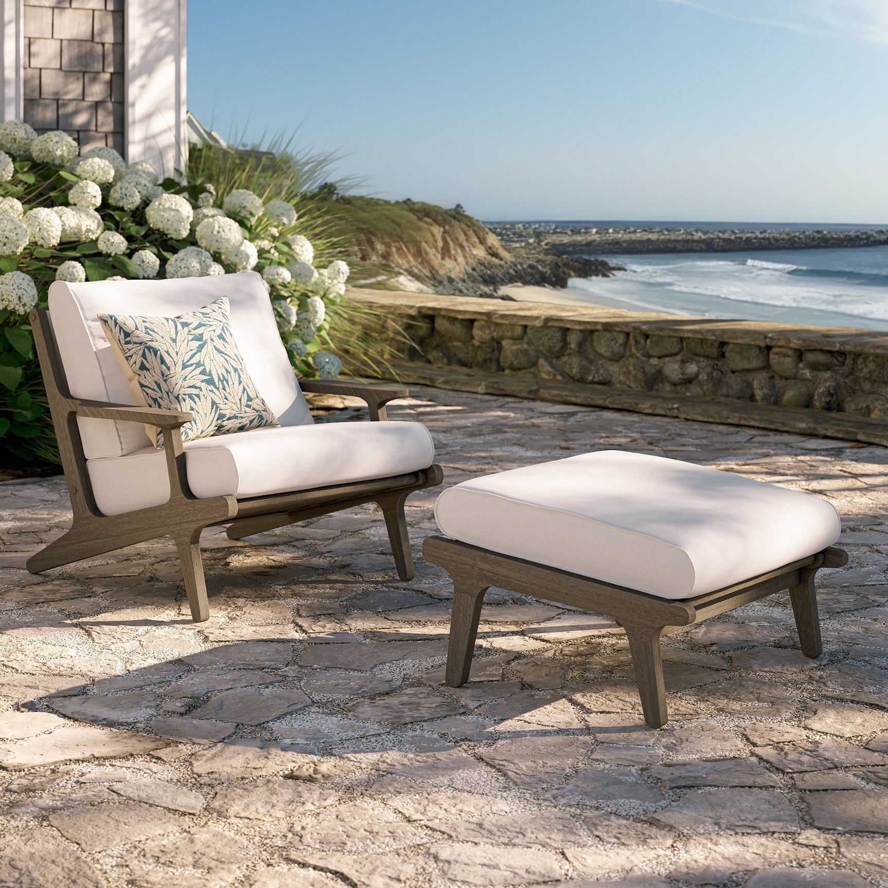 Saratoga Weathered Gray/White Outdoor Patio Teak Wood Chair and Ottoman Set