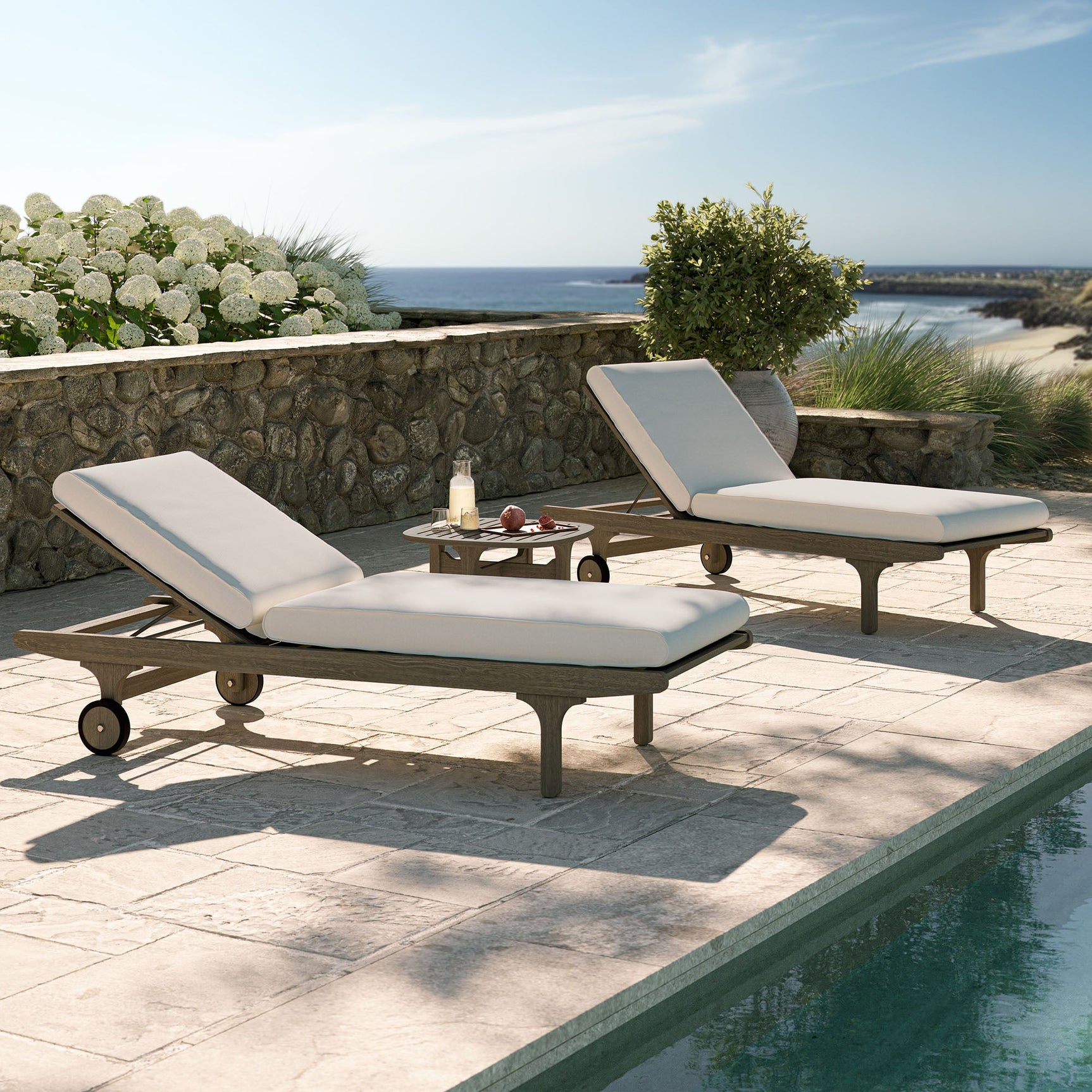 Saratoga Weathered Gray/White Outdoor Patio Teak Wood 3-Piece Chaise Lounge Furniture Set
