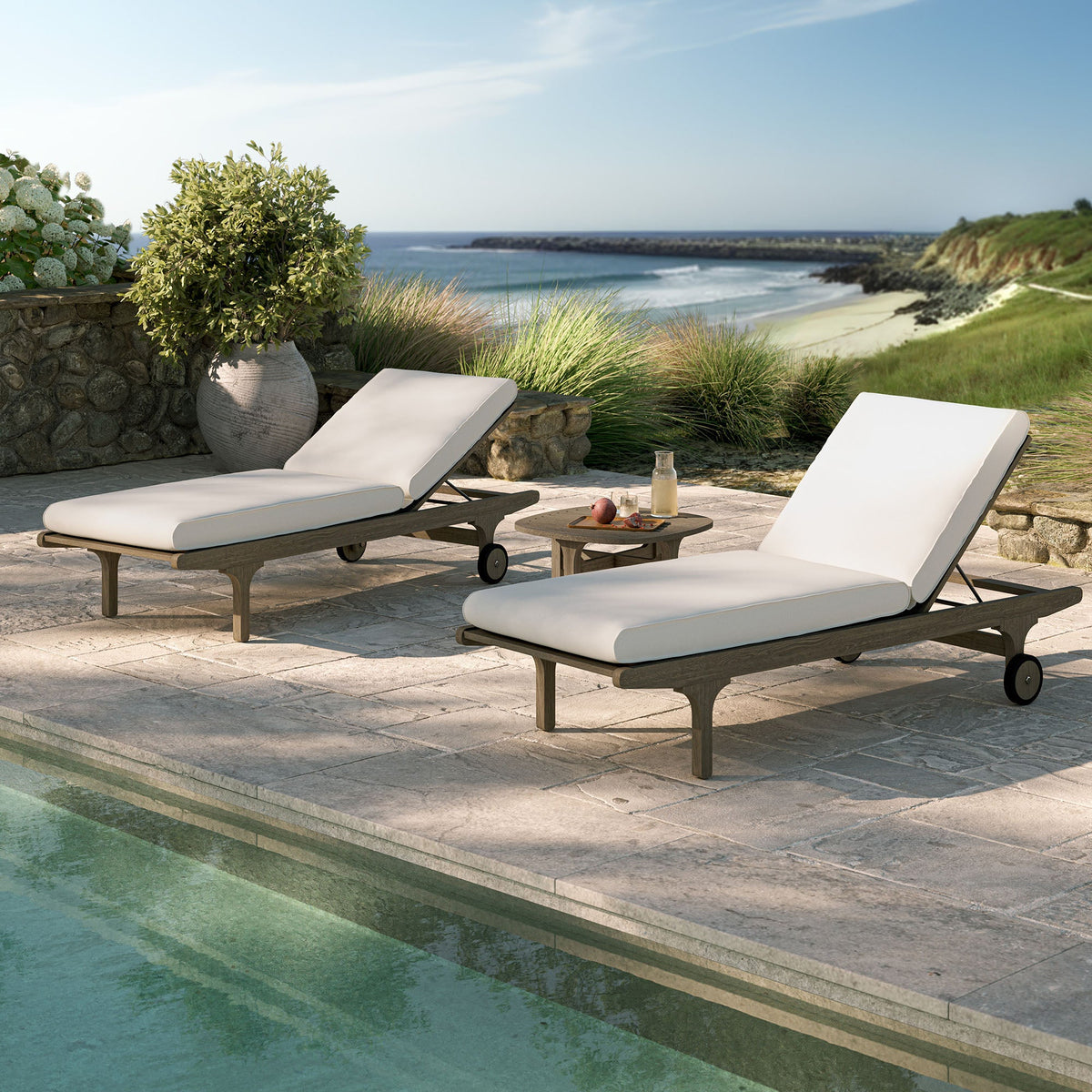 Saratoga Weathered Gray/White Outdoor Patio Teak Wood 3-Piece Chaise Lounge Furniture Set
