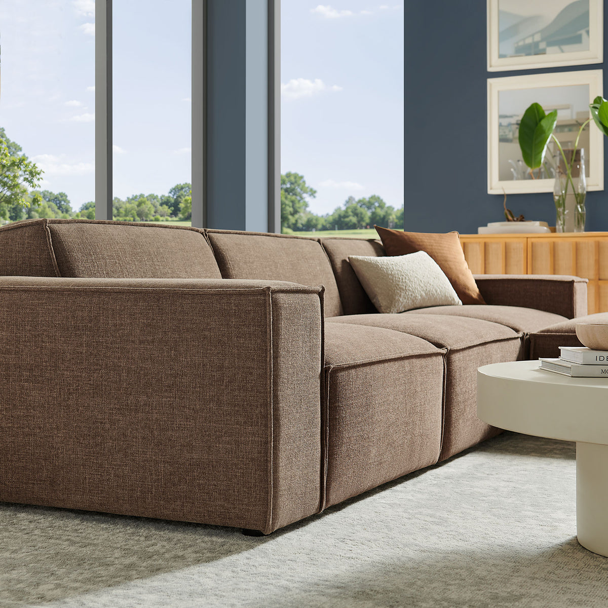 Restore Mocha 4-Piece Performance Fabric Upholstered Modular Sofa Set with Ottoman