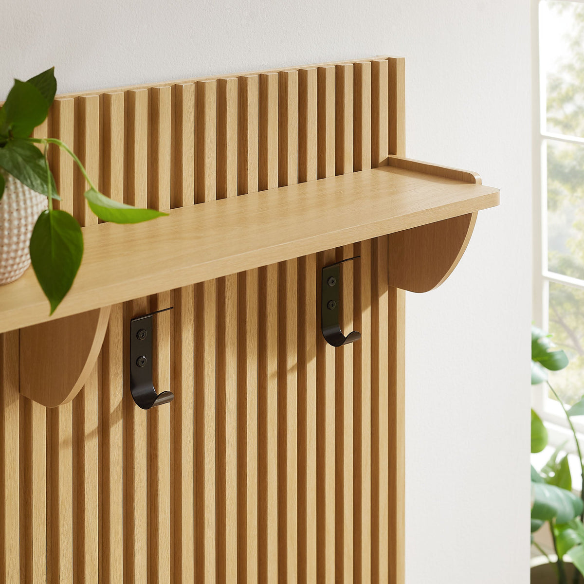 Render Light Oak Fluted Coat Rack Panel With Shelf
