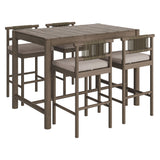 Eleni Weathered Gray/Pebble 5-Piece Outdoor Patio Teak Wood Bar Set - Ornate Home