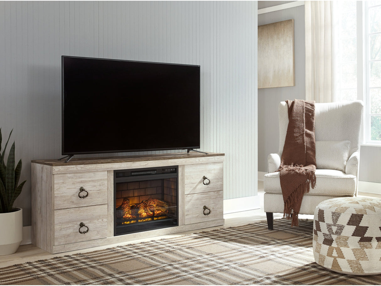 Willowton Whitewash TV Stand with Electric Fireplace - Ornate Home