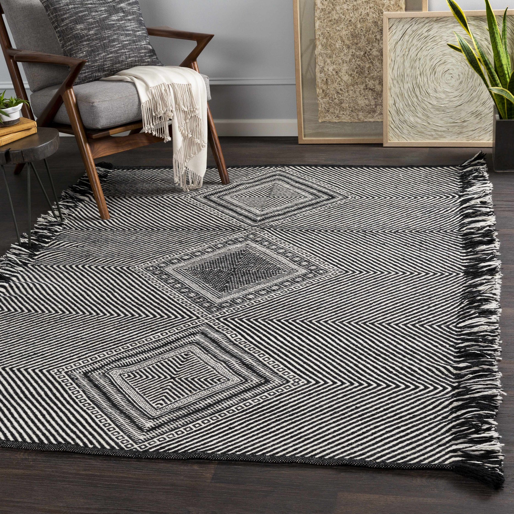 Eaglesham Black&White Flatweave Tassel Wool Rug - Clearance - Ornate Home
