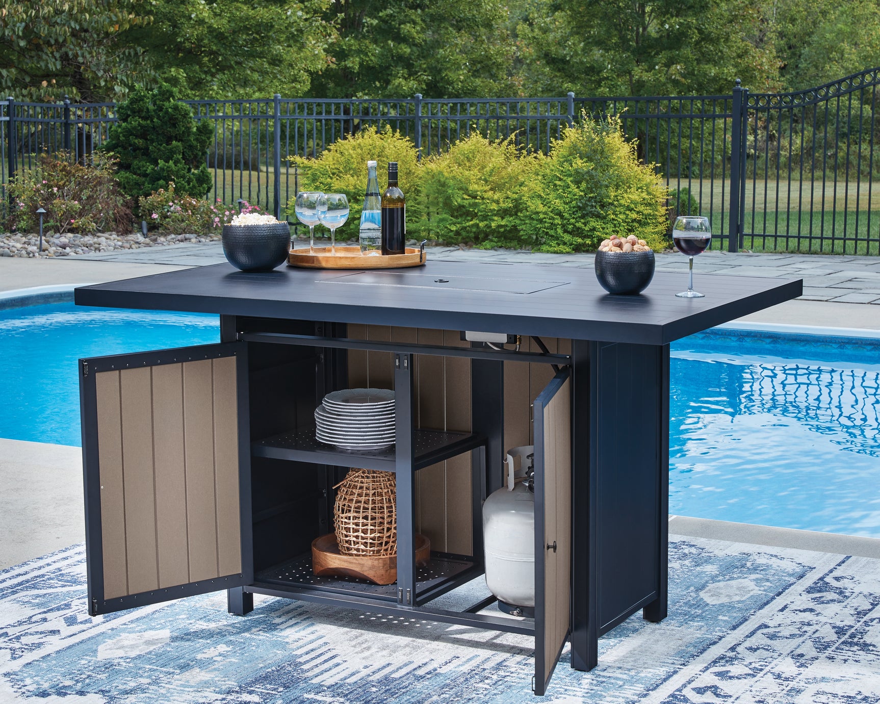 East Beach Navy Blue/Driftwood RECT Bar Table w/Fire Pit - Ornate Home