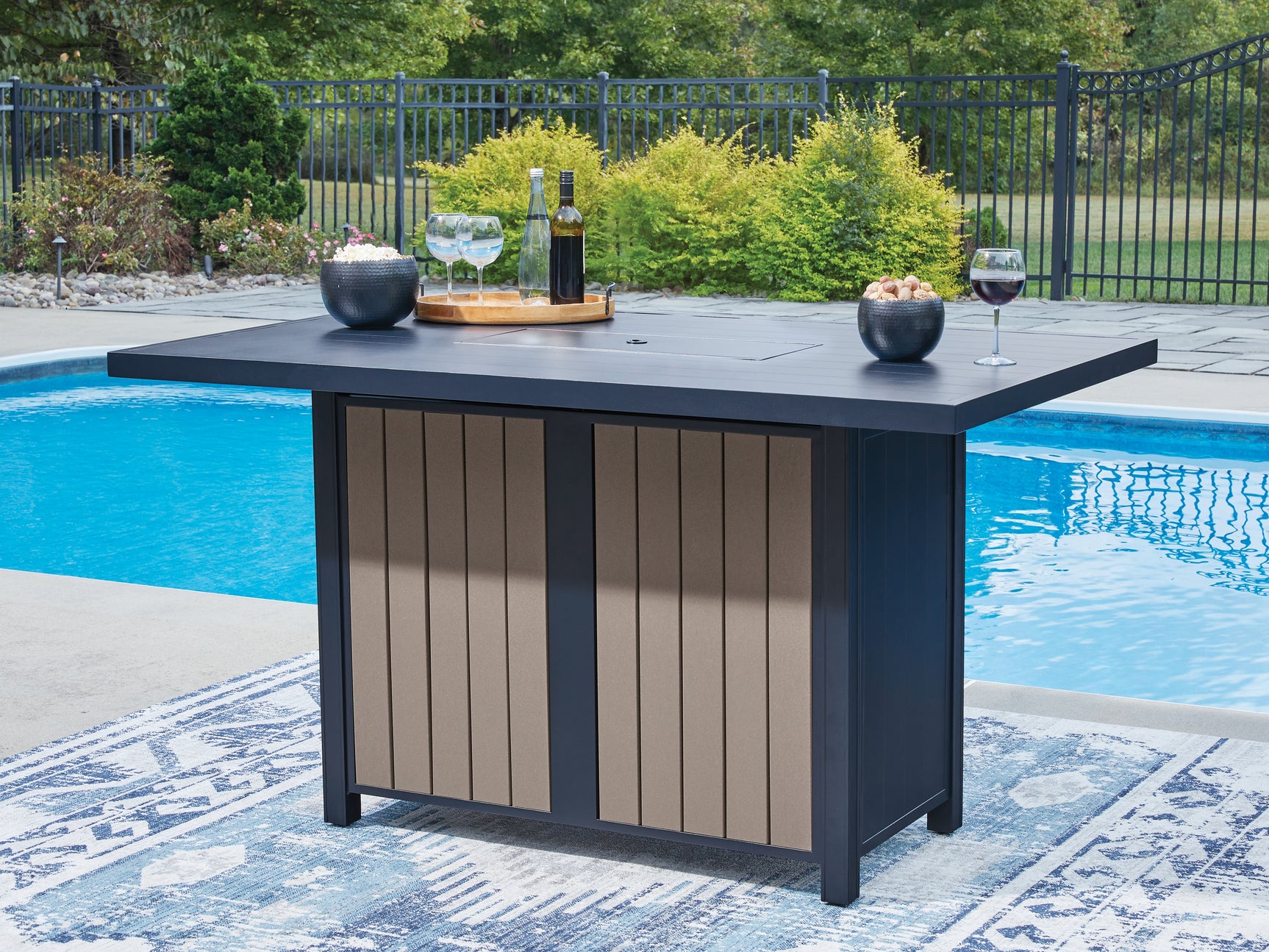 East Beach Navy Blue/Driftwood RECT Bar Table w/Fire Pit - Ornate Home