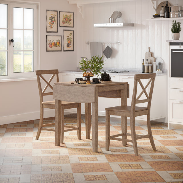 Eastern Tides Bisque Dropleaf Counter Dining Table w/ 2 X-Back Stools - Ornate Home