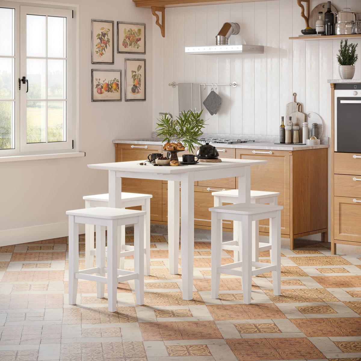 Eastern Tides Blanc Dropleaf Counter Dining Table w/ 4 Backless Stools - Ornate Home