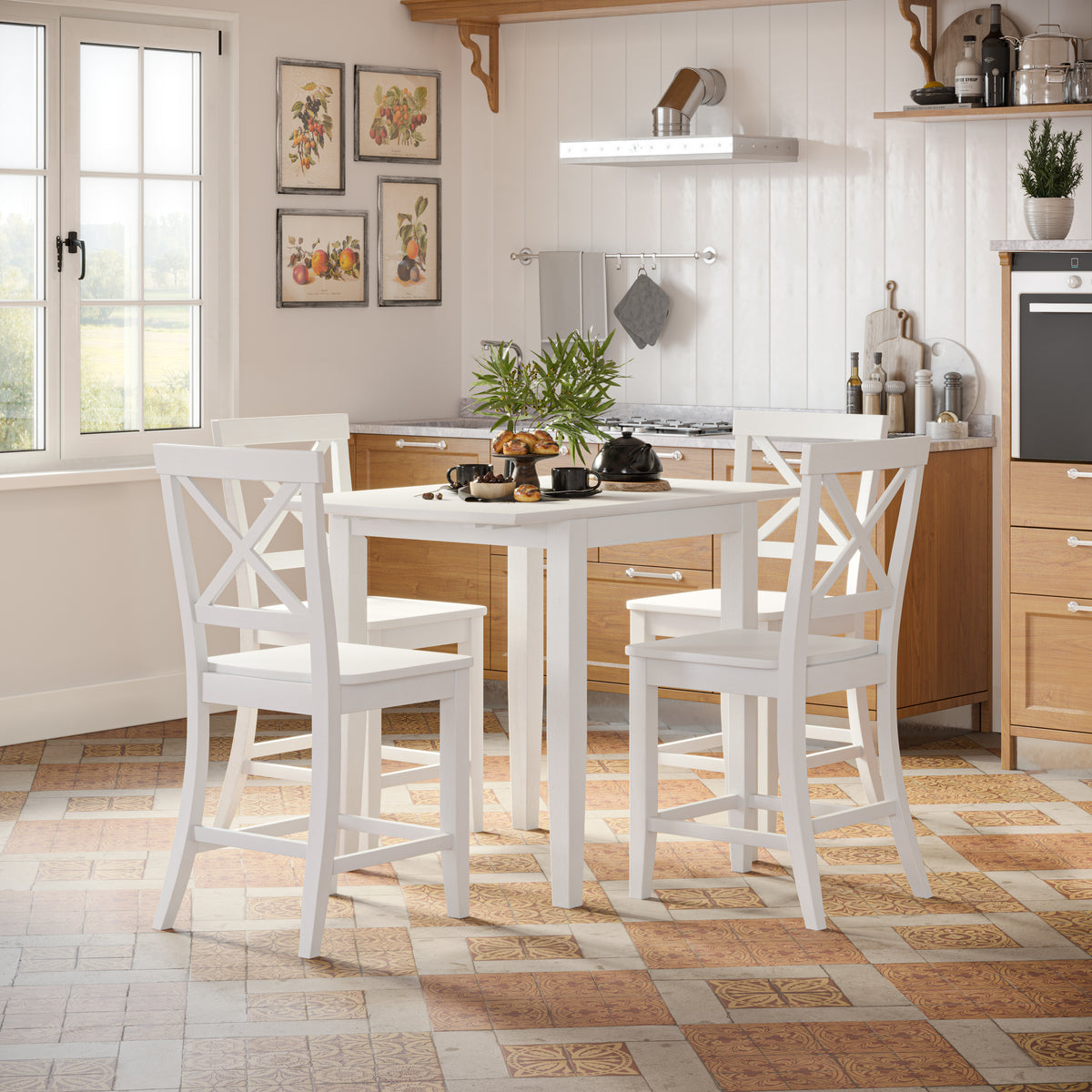 Eastern Tides Blanc Dropleaf Counter Dining Table w/ 4 X-Back Stools - Ornate Home