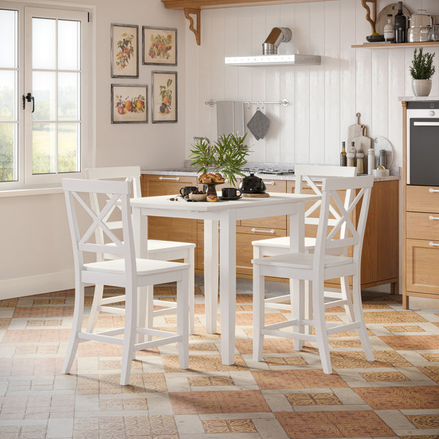 Eastern Tides Blanc Dropleaf Counter Dining Table w/ 4 X-Back Stools - Ornate Home