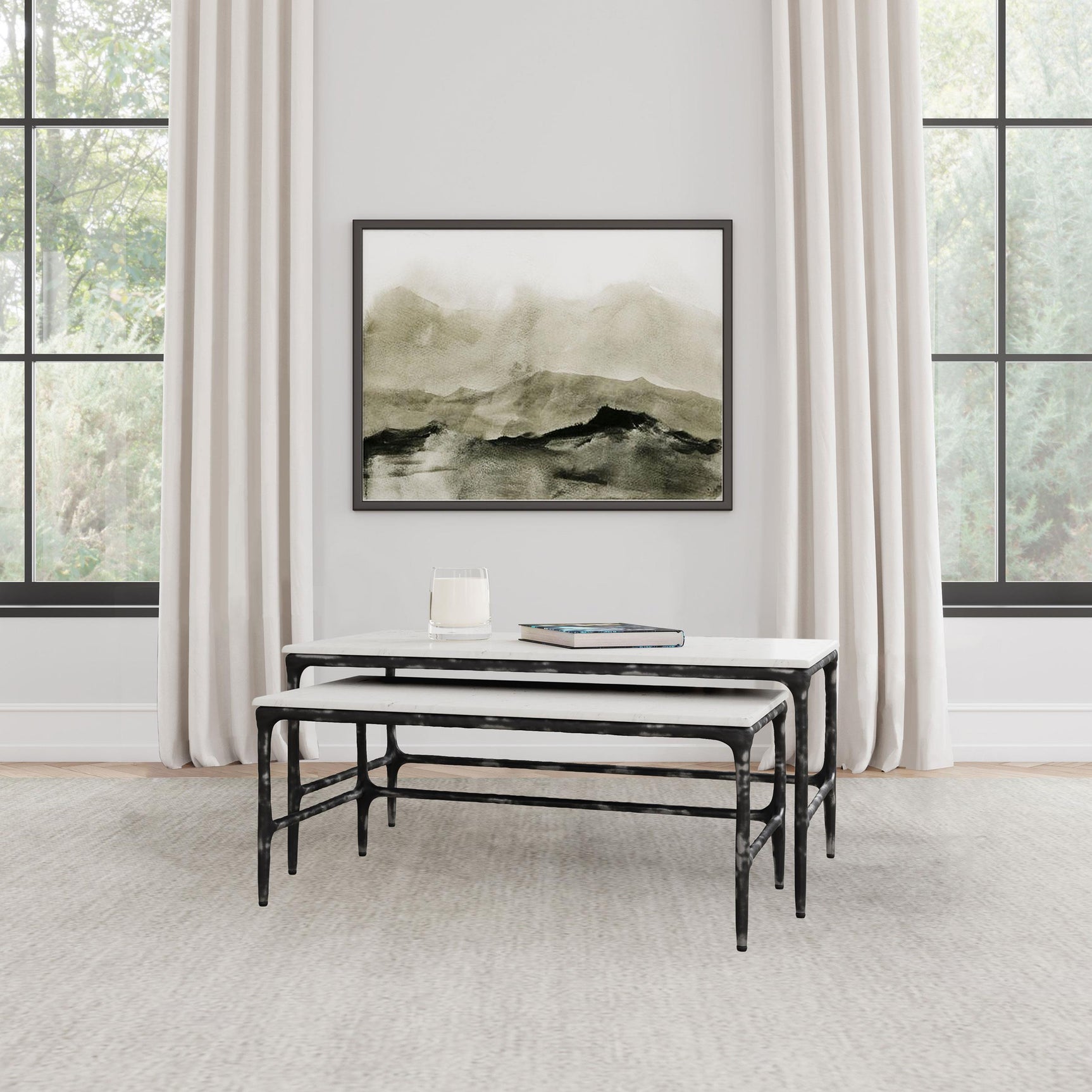 Ebby White 2-piece Genuine Marble Top Nesting Coffee Tables - Ornate Home