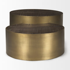 Eclipse Antiqued Brass/Dark Brown Metal Drum Base Nested Coffee Table - Ornate Home