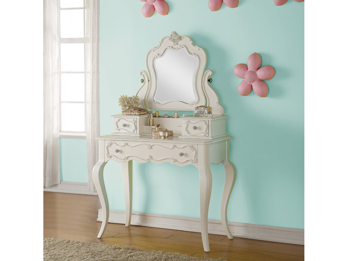 Edalene Pearl White Vanity & Mirror - Ornate Home