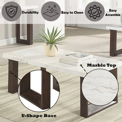 Edwyn White Natural/Brown Coffee Table W/Marble - Ornate Home