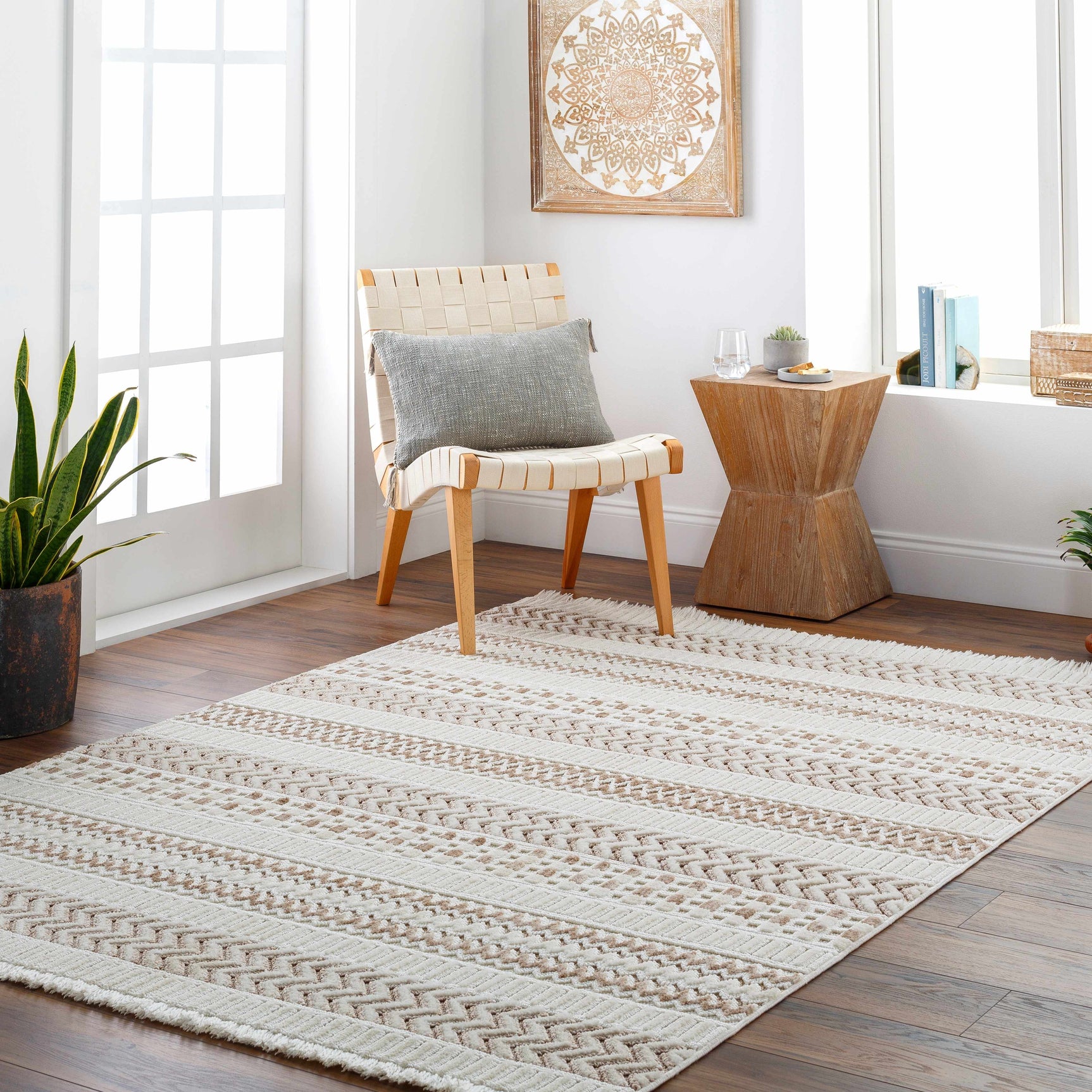 Eiko Beige Textured Saxony Rug with Fringes - Clearance - Ornate Home