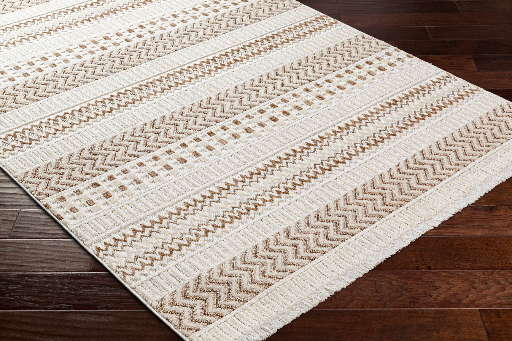 Eiko Beige Textured Saxony Rug with Fringes - Clearance - Ornate Home