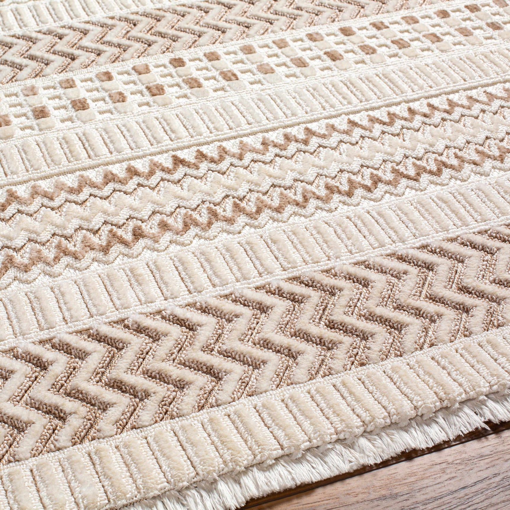 Eiko Beige Textured Saxony Rug with Fringes - Clearance - Ornate Home