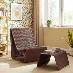 Eira Mocha 2 Piece Continuous Curved Natural Rattan Lounge Chair and Ottoman Set