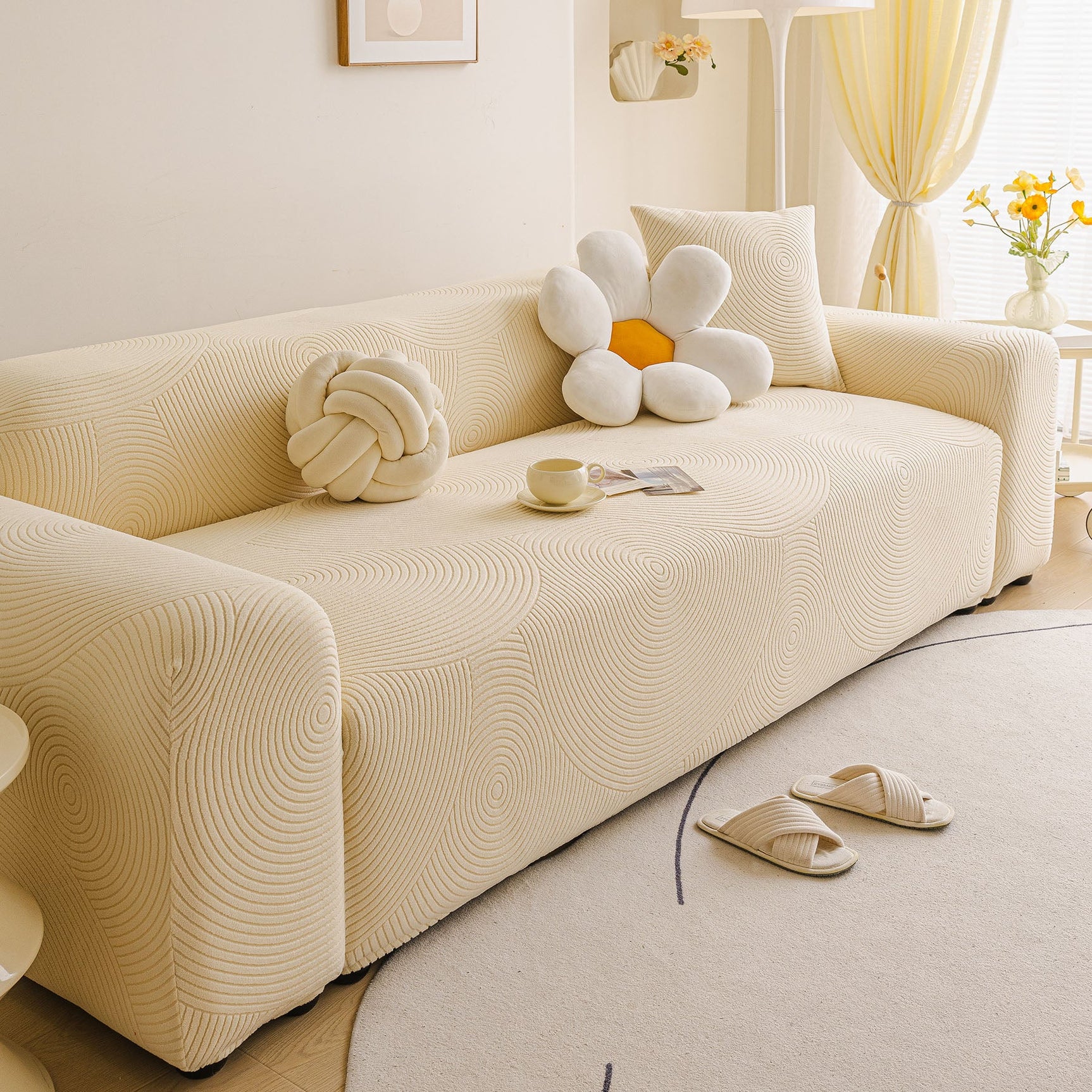 Elastic Stretch Sofa Cover Slipcover, Concentric Circle Jacquard Plush Couch Cover - Ornate Home